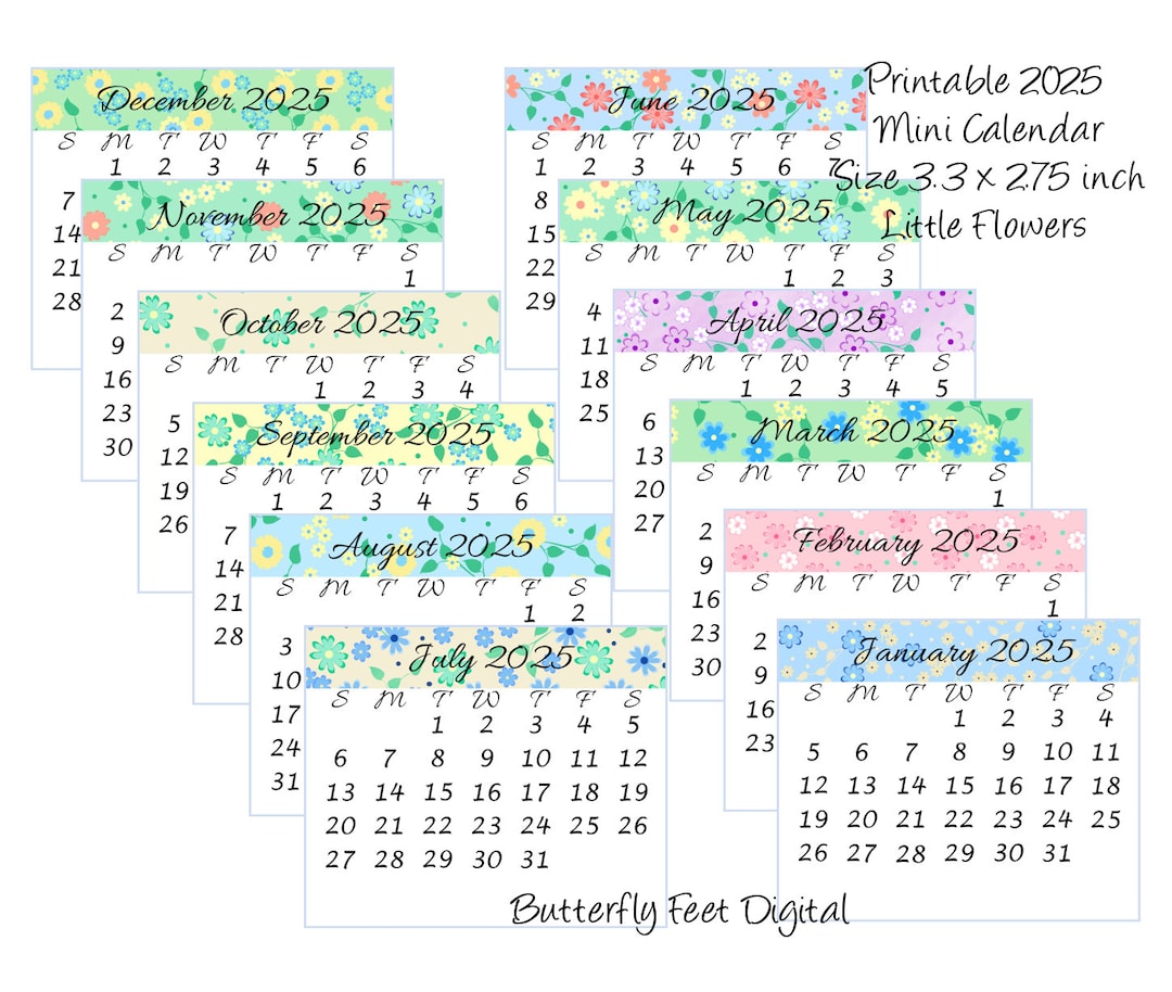 Printable Mini Calendar 2025 Floral Art Design 3.3 X 2.75 Inch Pocket ...