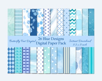 Blue Digital Paper Pack 8.5 x 11 Letter Size 26 Printable Background Designs Digital Download