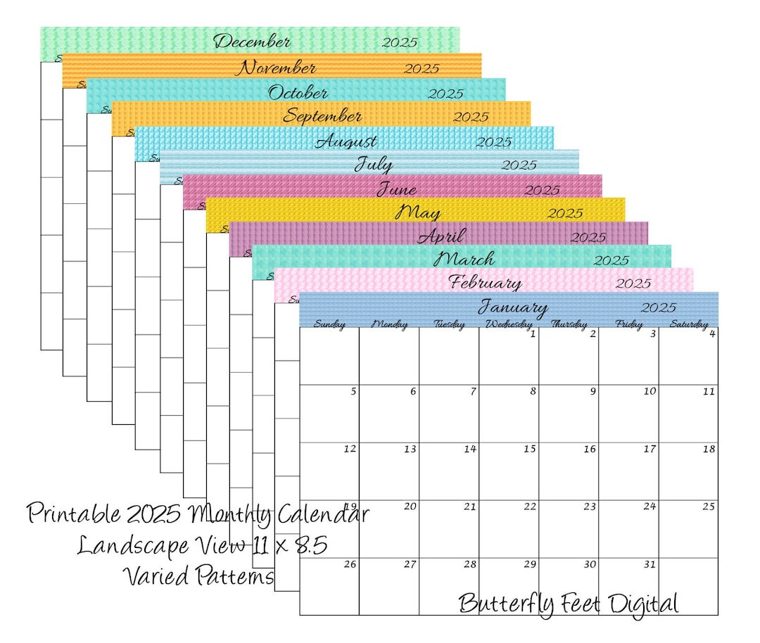 Printable Calendar 2025 Landscape Monthly Calendar Various Designs