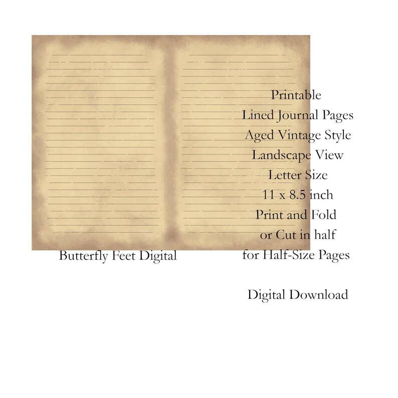 Printable Lined Journal Half-Size Pages Aged Vintage Style Digital Download