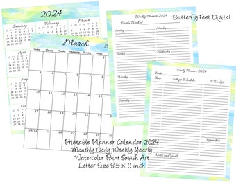 Printable 2024 Planner Calendar Daily Weekly Yearly and Monthly Watercolor Paint Swash Letter Size Digital Download