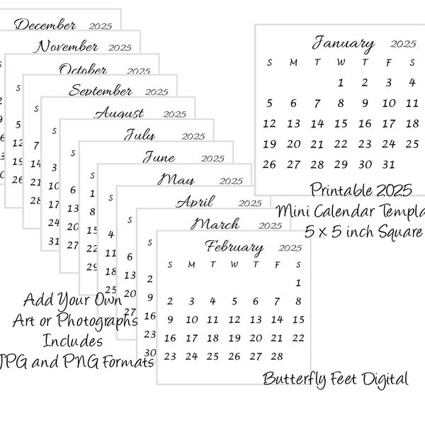 Printable 2025 Calendar Templates 5x5 inch Square Mini Desk Calendar Add Your Own Art or Photos Digital Download