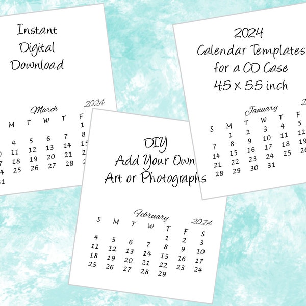 Modèles de calendrier 2024 imprimables sur boîtier de CD Ajoutez vos propres photographies d’art Calendrier de bureau Taille 4,5 x 5,5 pouces Téléchargement numérique