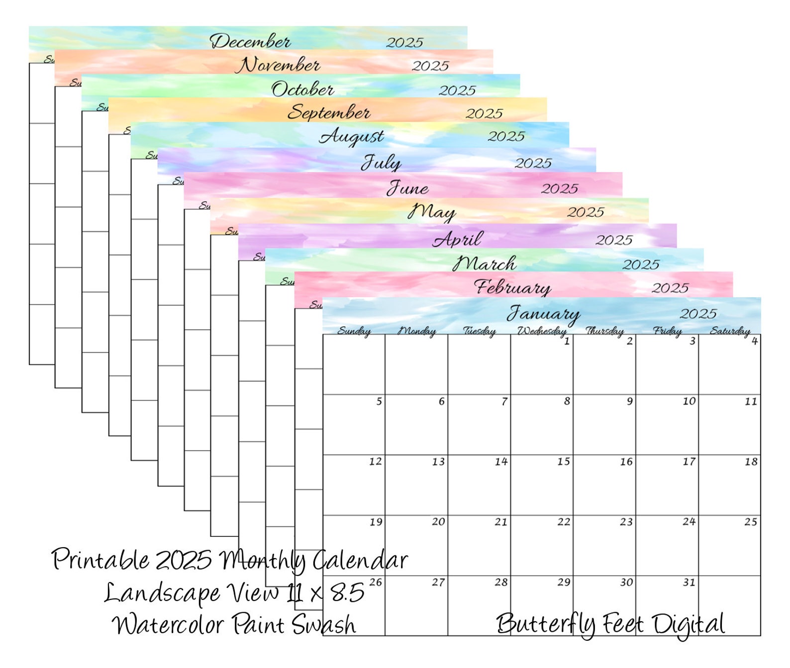 Printable Calendar 2025 Landscape View Watercolor Paint Swash Monthly