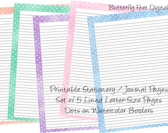 Printable Journal Pages Stationery Lined Writing Paper Watercolor Dots Borders Digital Download