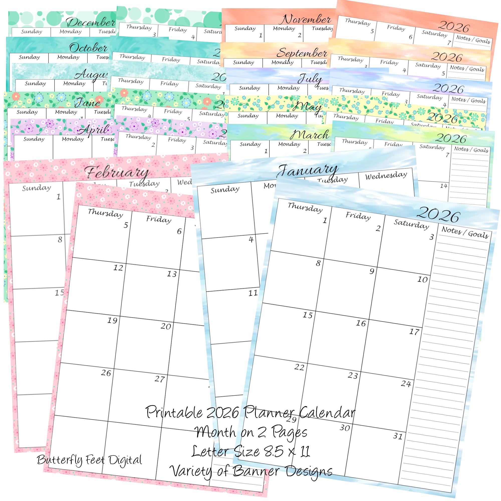 Month on 2 Pages 2026 Printable Calendar Planner Varied Art Designs ...