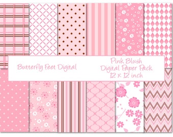 Pink Digital Paper Pack 12 Printable Background Designs Flowers Dots Stripes Digital Download