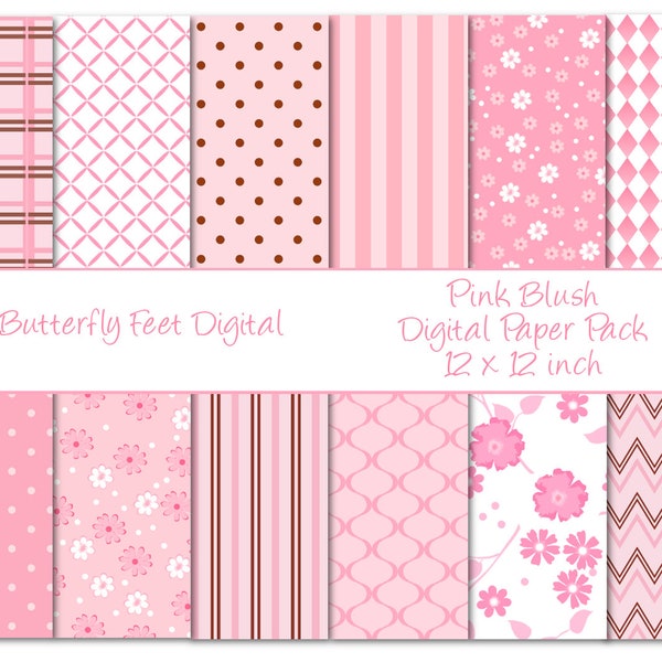 Pink Digital Paper Pack 12 Printable Background Designs Flowers Dots Stripes Digital Download