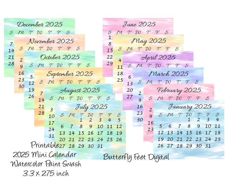 Printable Mini Calendar 2025 Pocket or Purse Calendar Watercolor Paint ...