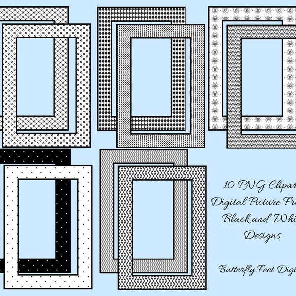 Digital Picture Frames 5x7 PNG Clipart Black and White Photo Overlay Borders Digital Download
