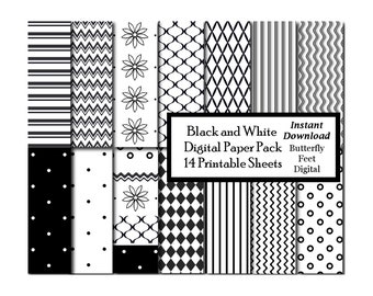 Black and White Digital Paper Pack 14 Printable Designs Scrapbook Paper Digital Download