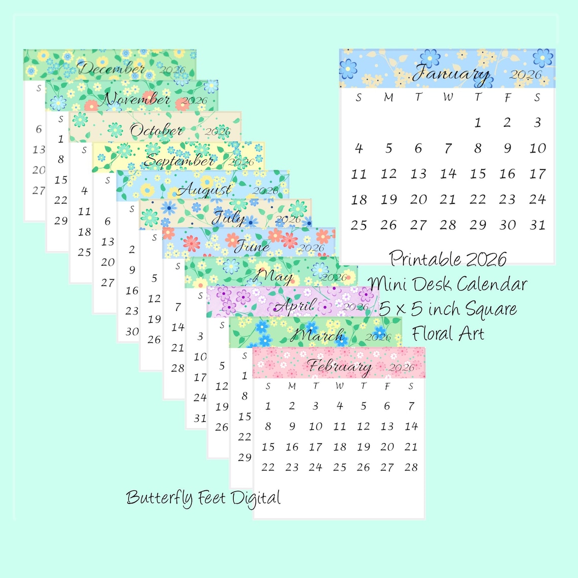 Printable 2026 Calendar 5x5 Inch Square Mini Desk Calendar Floral Art ...