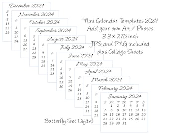 Druckbare 2024 Kalendervorlagen Mini Schreibtisch oder Geldbörse Kalender Fügen Sie Ihre eigenen Kunstfotografien hinzu 3.3 x 2.75 inch Digitaler Download