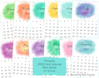 2024 Printable Mini Desk Calendar 4 x 6 inch Watercolor Paint Splash Digital Download