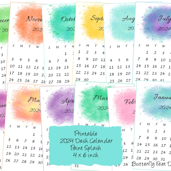 2024 Printable Mini Desk Calendar 4 x 6 inch Watercolor Paint Splash Digital Download