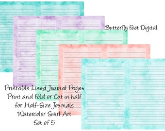 Printable Journal Pages Stationery Landscape Lined Writing Paper Watercolor Half Page Digital Download