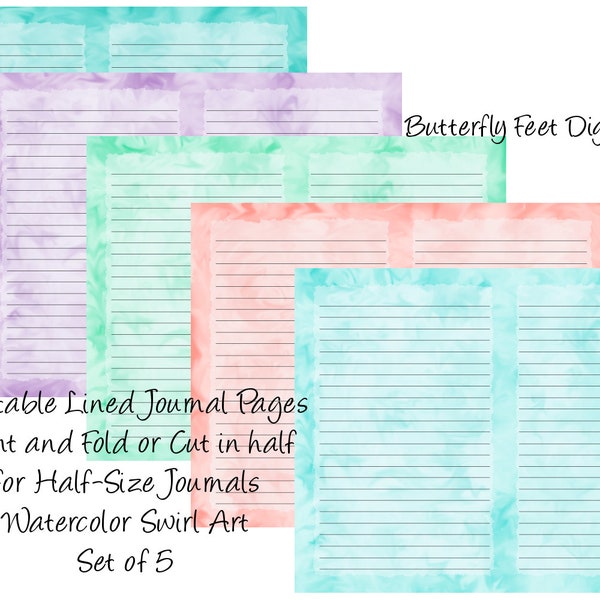 Printable Journal Pages Stationery Landscape Lined Writing Paper Watercolor Half Page Digital Download