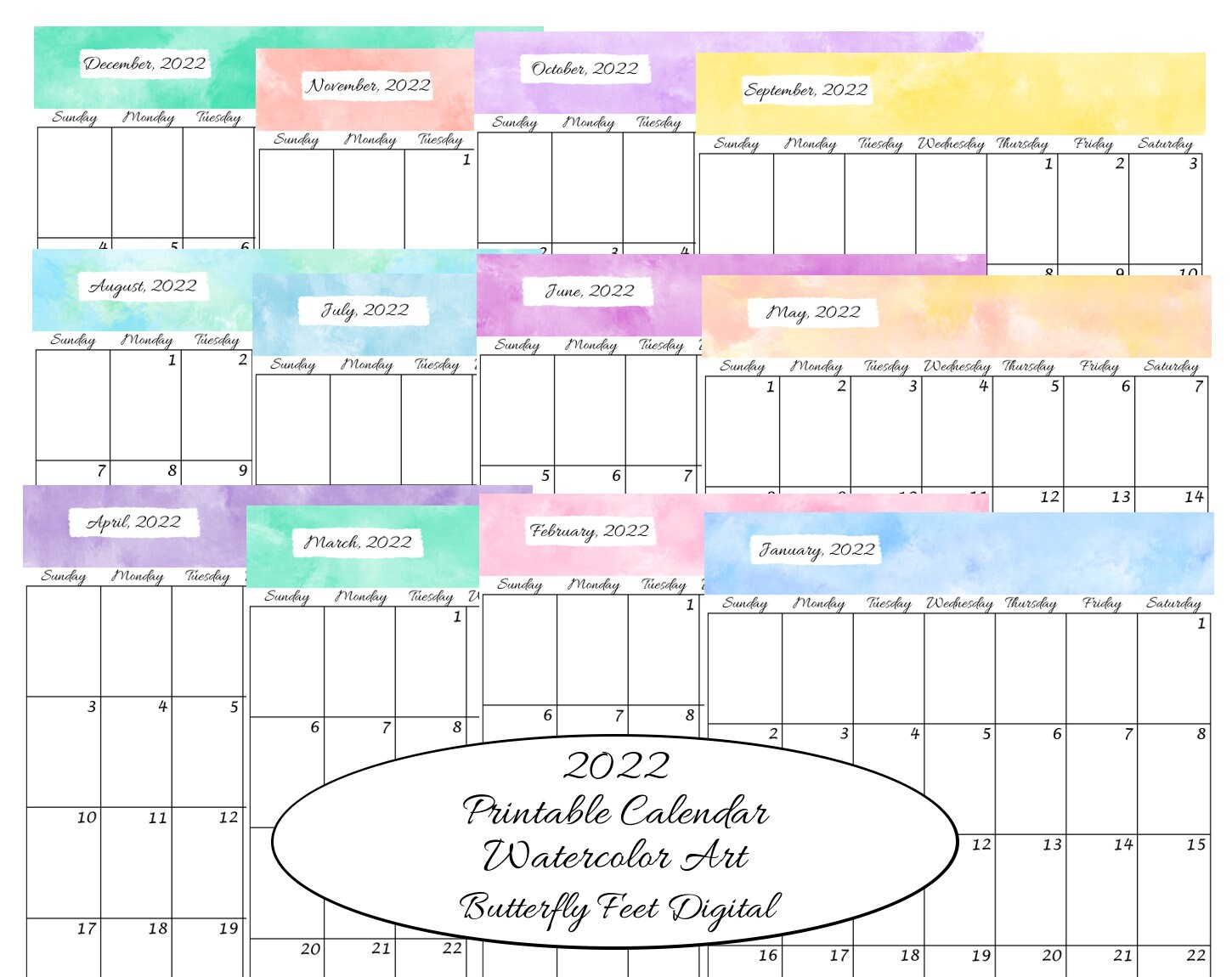2022 printable calendar monthly calendar watercolor art etsy