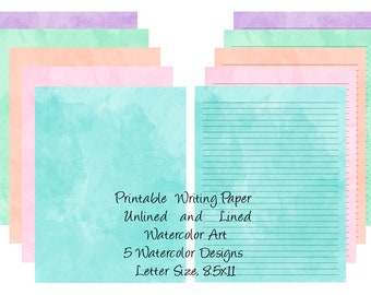 Printable Journal Pages Stationery Lined Writing Paper and Unlined Watercolor Set of 5 Designs Digital Download