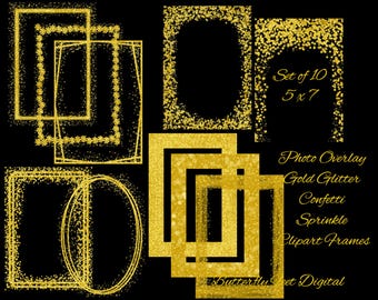Clipart Frames Gold Glitter PNG Photo Overlay 5x7 Digital Download