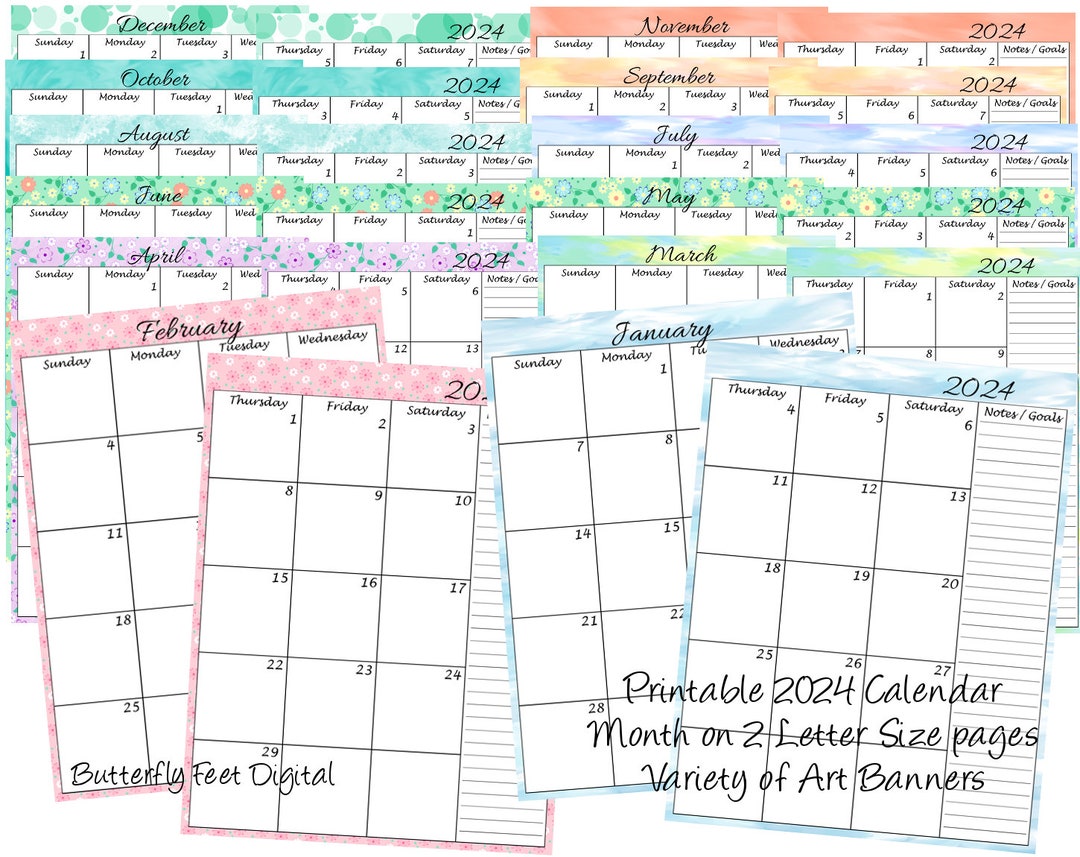 Month on 2 Pages 2024 Printable Calendar Planner Extra Wide Calendar ...