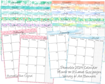 Month on 2 Pages 2024 Printable Calendar Planner Extra Wide Calendar Varied Art Designs Digital Download
