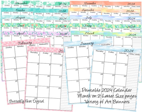 Month on 2 Pages 2024 Printable Calendar Planner Extra Wide Calendar Varied  Art Designs Digital Download 