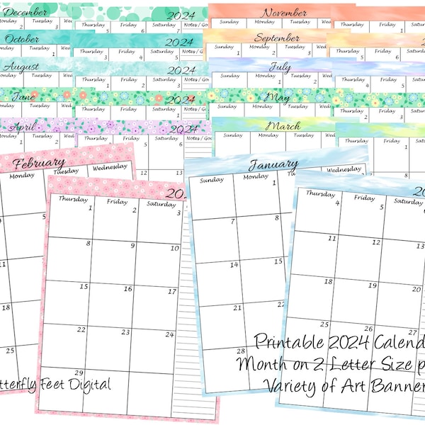 Month on 2 Pages 2024 Printable Calendar Planner Extra Wide Calendar Varied Art Designs Digital Download