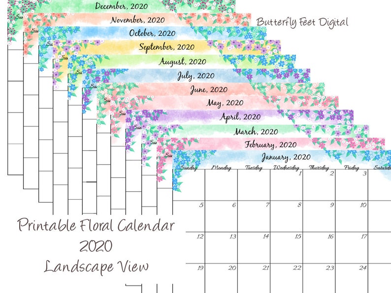 Printable Calendar 2020 Monthly Landscape View Floral Etsy