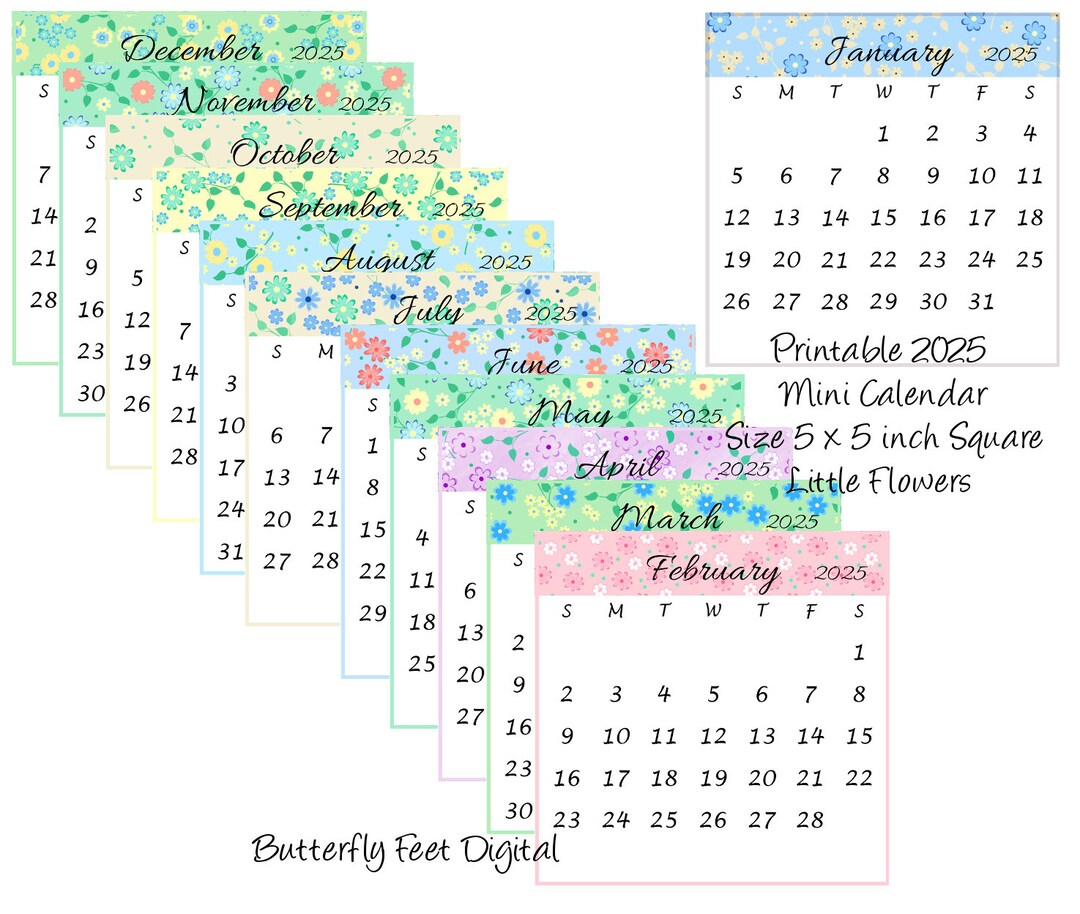 Printable Calendar 2025 5x5 Inch Square Mini Desk Calendar Floral