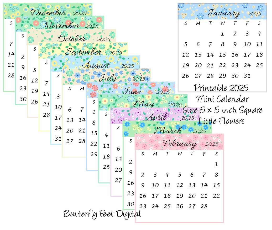 Printable Calendar 2025 5x5 Inch Square Mini Desk Calendar Floral Designs Digital Download - Etsy
