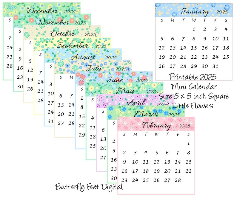 Printable Calendar 2025 5x5 Inch Square Mini Desk Calendar Floral