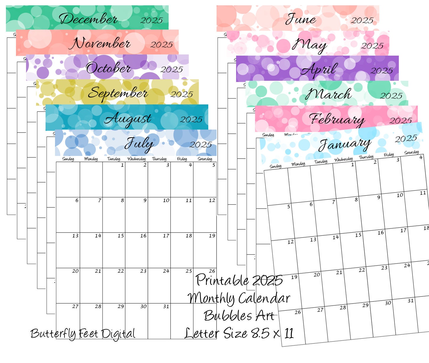 2025 Printable Calendar Letter Size Monthly Portrait View Bubbles