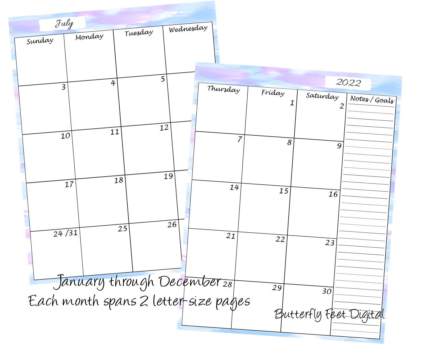 month on 2 pages 2022 printable calendar extra wide monthly etsy
