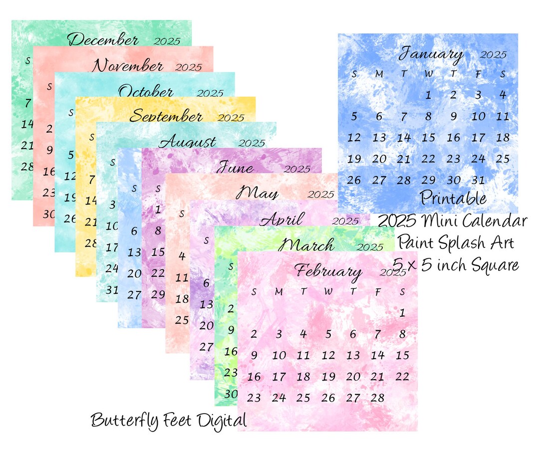 Printable Calendar 2025 Mini Desk Calendar 5x5 Inch Square Watercolor Splash Digital Download - Etsy