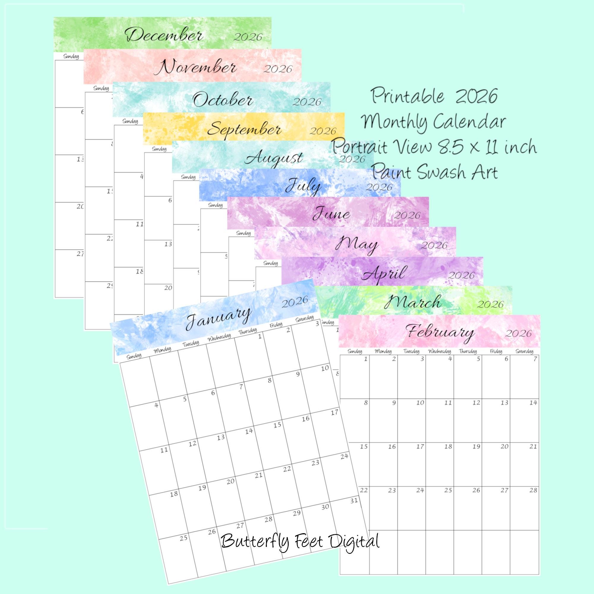 2026 Printable Calendar Letter Size Monthly Portrait View Watercolor ...
