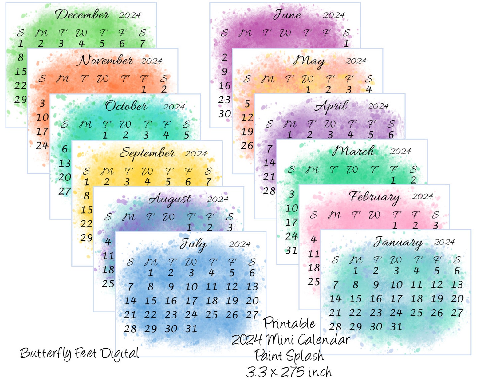Printable Mini Calendar 2024 Pocket or Purse Calendar Watercolor Paint Splash 3.3 X 2.75 Inch ...
