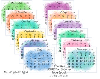 Druckbarer Minikalender 2024 Taschenkalender oder Geldbörsenkalender Aquarell Farbspritzer 3,3 x 2,75 Zoll Digital Download