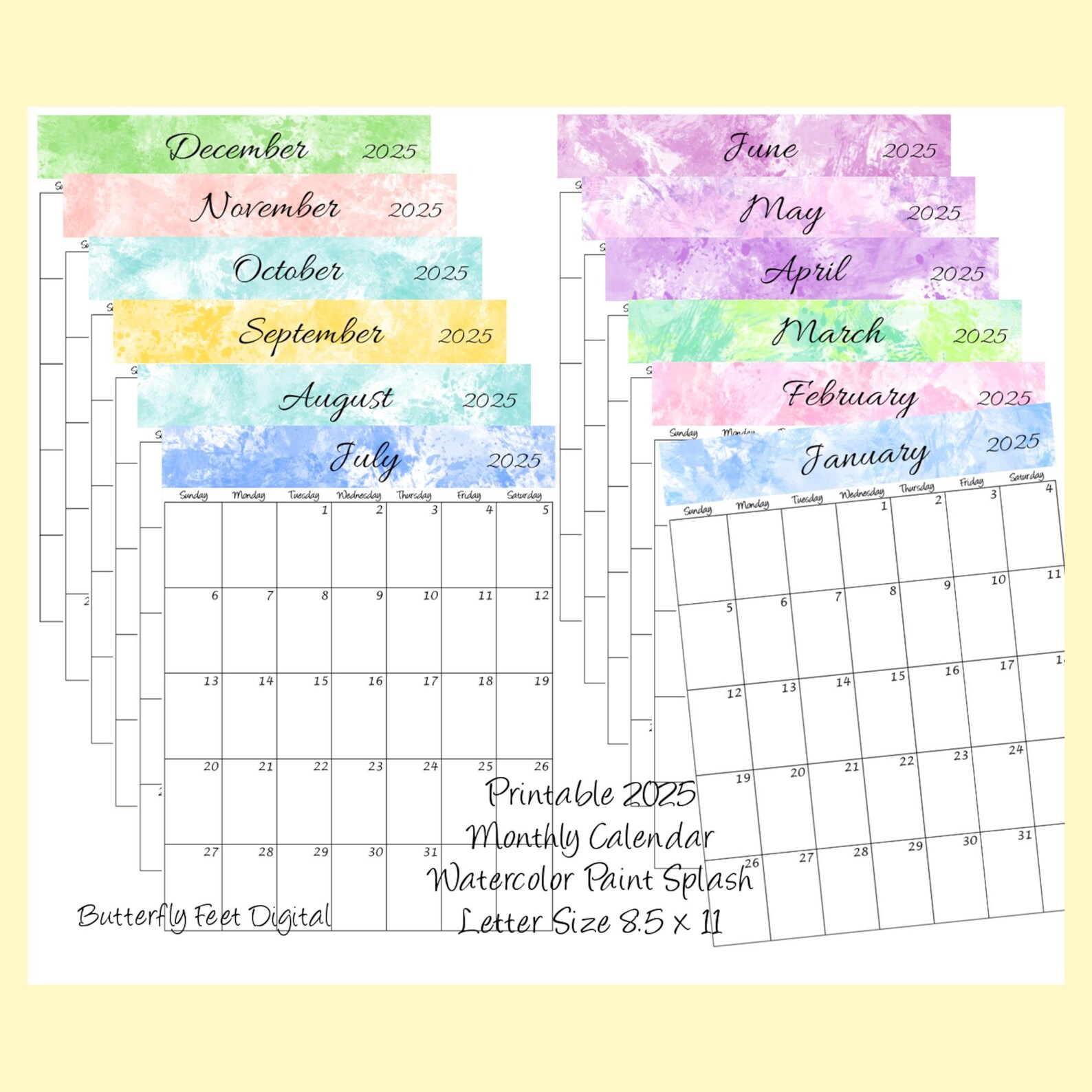 2025 Printable Calendar Letter Size Monthly Portrait View Watercolor ...