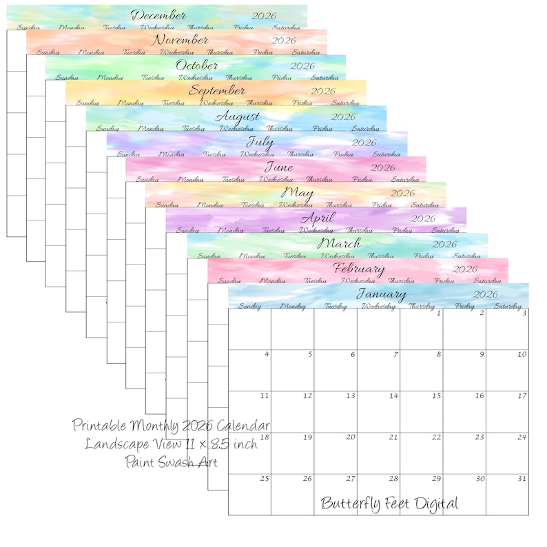 Printable Calendar 2026 Landscape Monthly Calendar Watercolor Paint