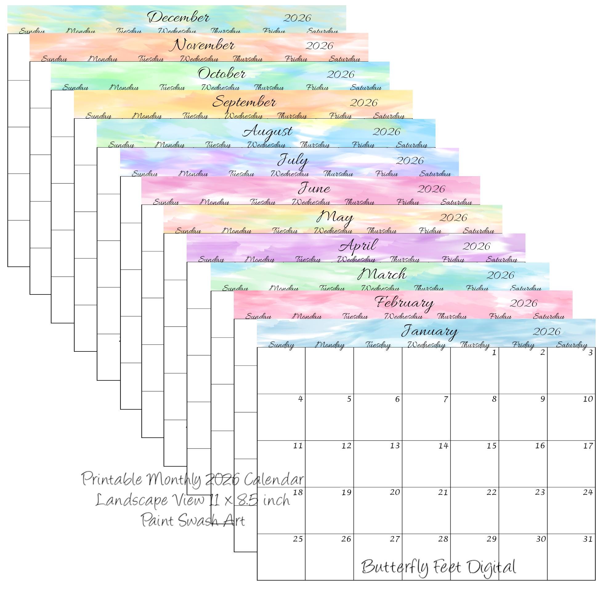 Printable Calendar 2026 Landscape Monthly Calendar Watercolor Paint