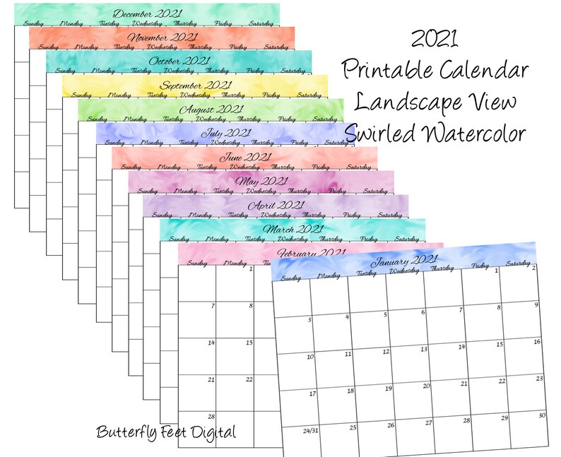 printable calendar 2021 monthly landscape view swirled etsy