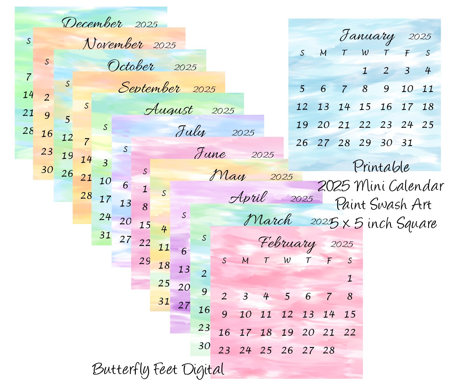Printable Calendar 2025 Mini Desk Calendar 5x5 Inch Square Watercolor ...