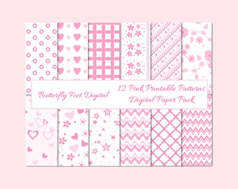 Pink and White  Digital Paper Pack Flowers Hearts Baby 12 Printable Designs Digital Download