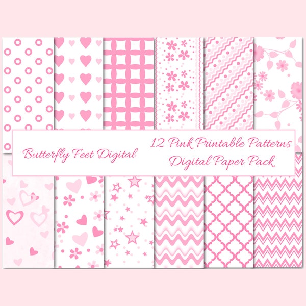 Pink and White  Digital Paper Pack Flowers Hearts Baby 12 Printable Designs Digital Download