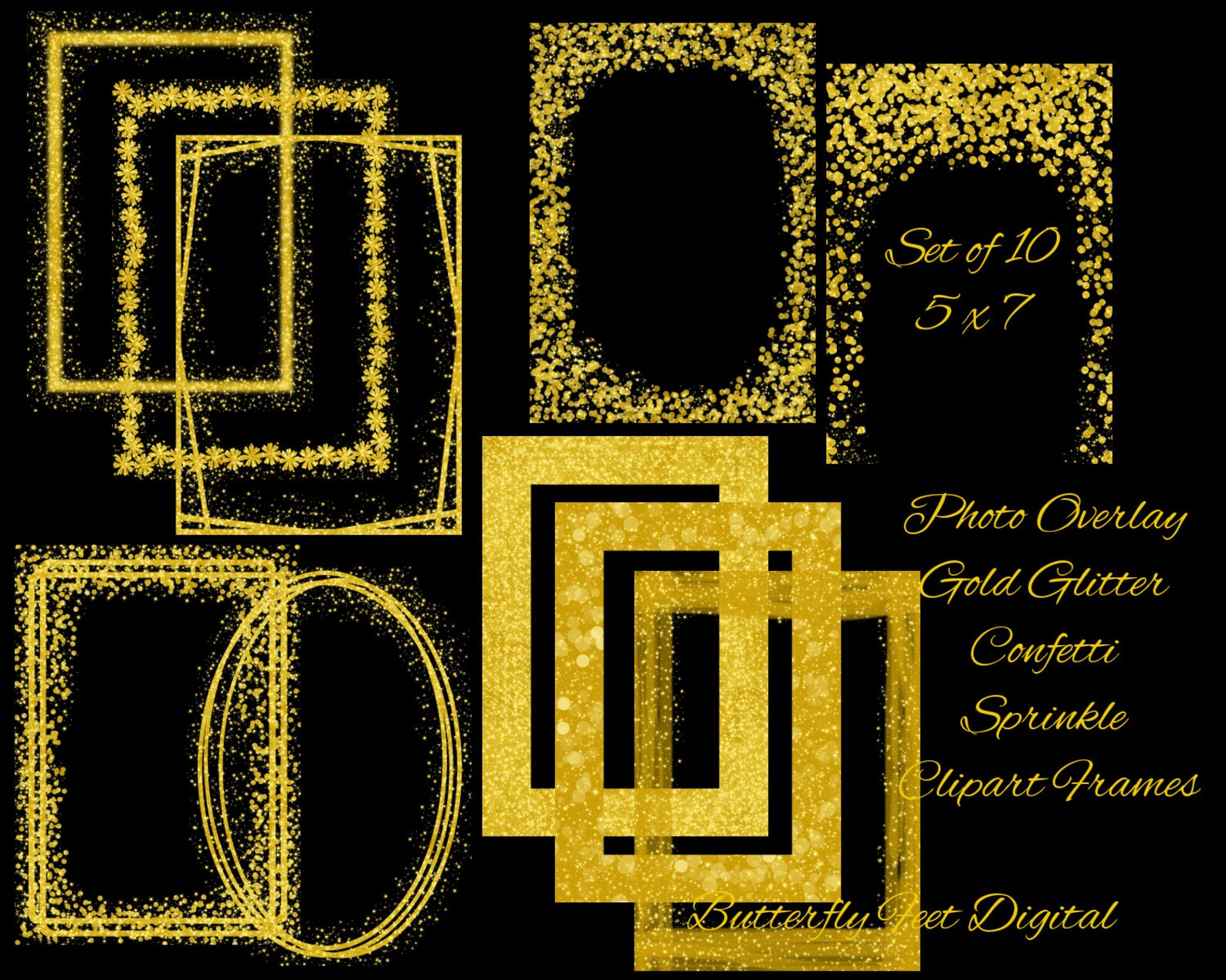 Gold Glitter PNG Clipart Frames Borders Photo Overlay 5x7 Digital Download Etsy