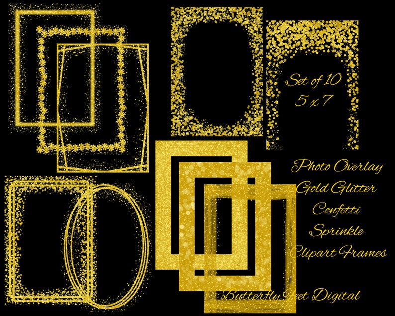 Gold Glitter PNG Clipart Frames Borders Photo Overlay 5x7 Digital