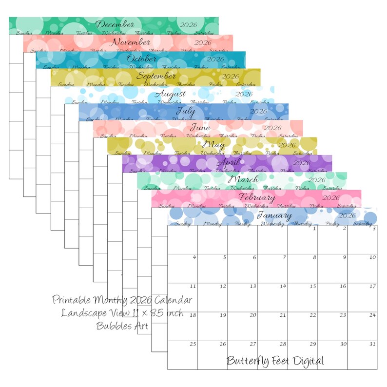 Printable Calendar 2026 Landscape View Bubbles Art Monthly Calendar