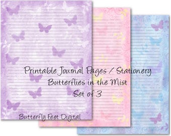 Printable Journal Pages Lined Writing Butterflies Paper Digital Download