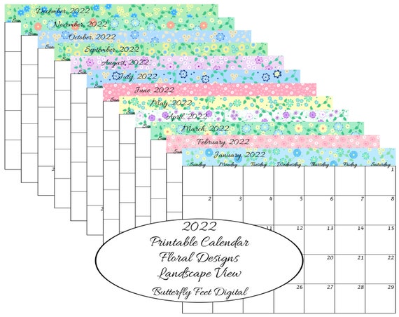 printable calendar 2022 landscape view floral calendar etsy